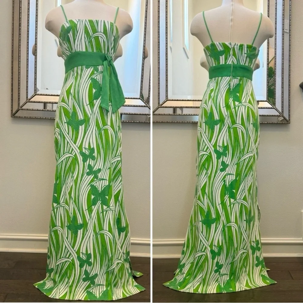 Miss Shaheen Vintage Hawaiian Butterfly Print Green Maxi Dress Column Gown 10 - Picture 6 of 12